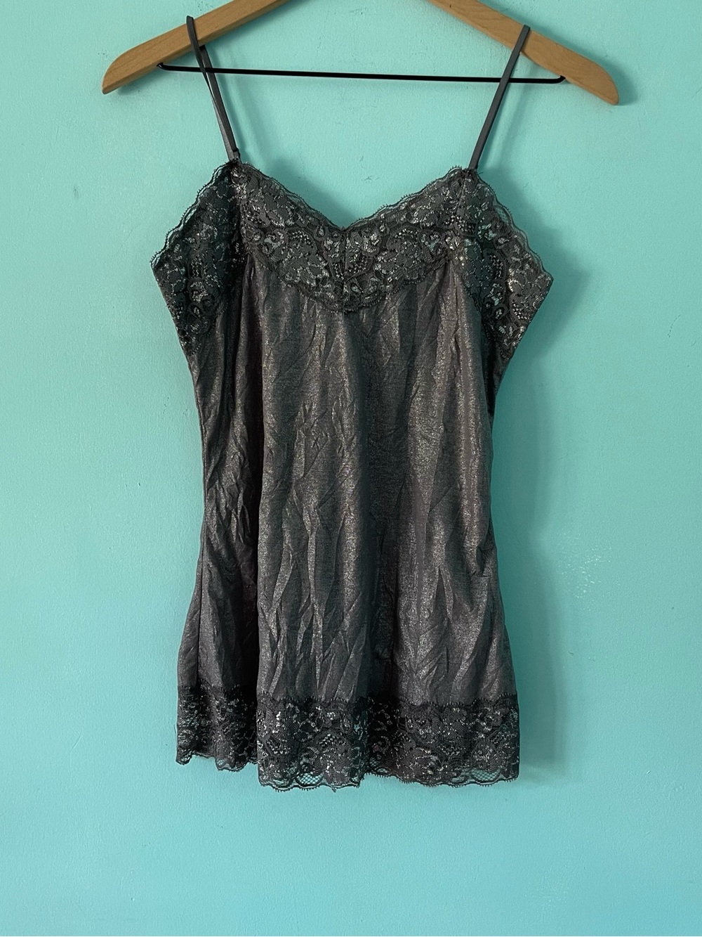 Vanity Lace Trim Metallic Silver Grey Y2K Camisole Strappy Tank M Vintage